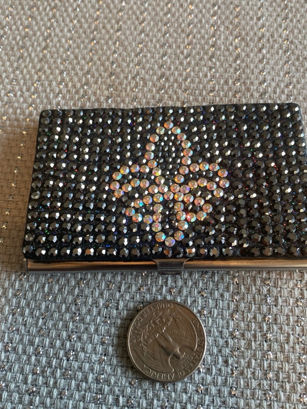 Crystal-Accented Black Card Case - Sparkling Fleur Design